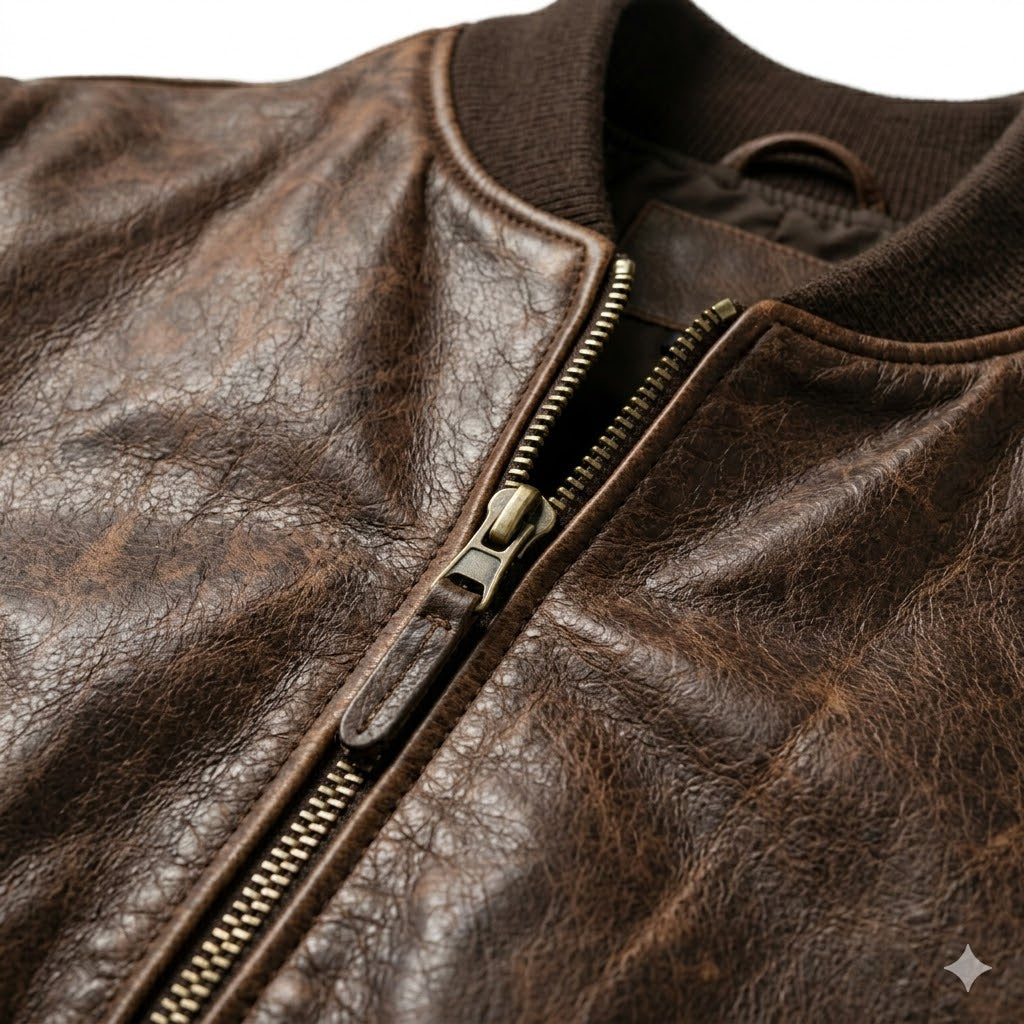 Distressed Bomber Leather Jacket