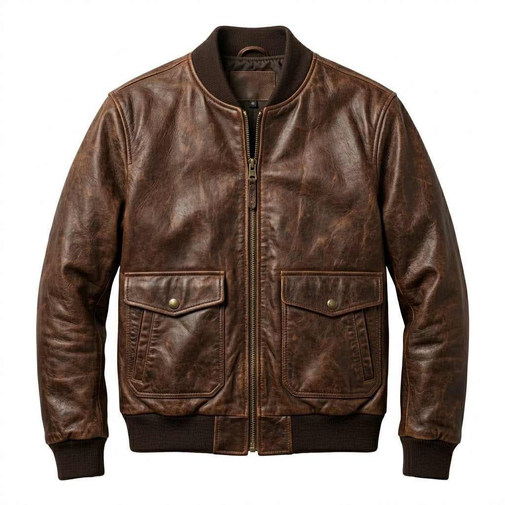 Distressed Bomber Leather Jacket